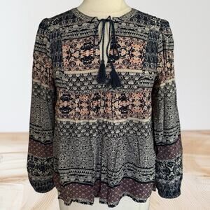 Lucky Brand Peasant Top Sz S Black and Pink Tassels puffed Sleeves Country Core